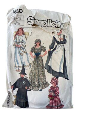 80a Simplicity 7650 Sewing Pattern Angel Pilgrim Witch Size 10-12 Girl 1986 CUT